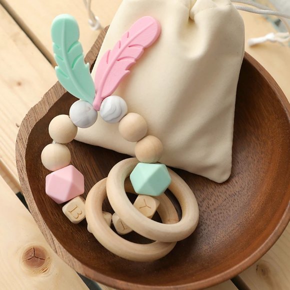 Feather Dream Catcher Baby Teething Ring, Silicone & Beech Wood, Montessori Toy - Picture 2 of 9